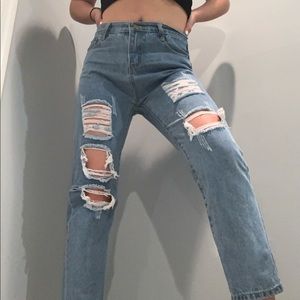High Waisted Distressed Boyfriend Ripped Jeans